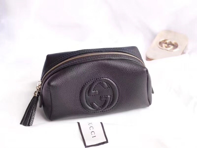 Gucci Real Leather Soho Tassel GG Cosmetic Makeup Bag Clutch Black 308636